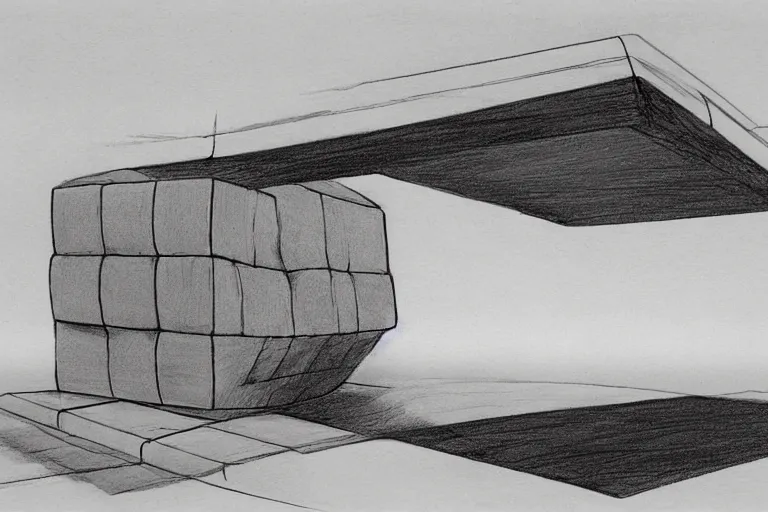 Image similar to giant cube floating above the desert concept sketch by joe johnston and nilo rodis - jamero and ralph mcquarrie and norman reynolds