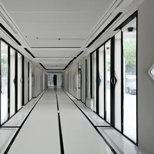 Image similar to photo of a vast interior space of randomly connected corridors, stairs and rooms. ceramic white tiles on all the walls.