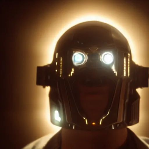 Image similar to movie still of a man with a glowing cyborg helmet, cinematic composition, cinematic light, by edgar wright and david lynch