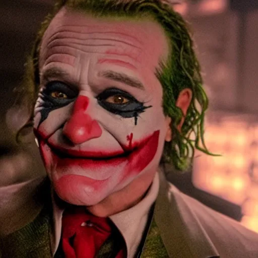 Image similar to stunning awe inspiring ( robin williams ) as the joker 8 k hdr movie still atmospheric lighting