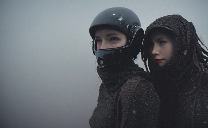 Prompt: cinestill 5 0 d candid photographic portrait by helen levitt of two loving female androids wearing rugged black mesh techwear in treacherous waters, extreme closeup, modern cyberpunk moody emotional cinematic, dust storm, 8 k, hd, high resolution, 3 5 mm, f / 3 2, ultra realistic faces, ex machina