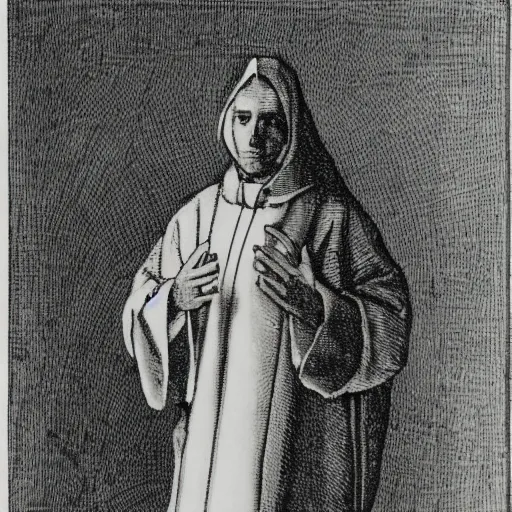Prompt: An etching of a hooded priest
