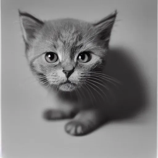Prompt: a portrait photo of a cute solid gray kitten wearing a tuxedo by edward weston, auto graflex, 2 1 0 mm ƒ / 6 4 zeiss tessar, agfa isopan iso 2 5, pepper no. 3 5, 1 9 3 0, high quality photo, highly detailed, studio lighting, fine - art photography, tack sharp