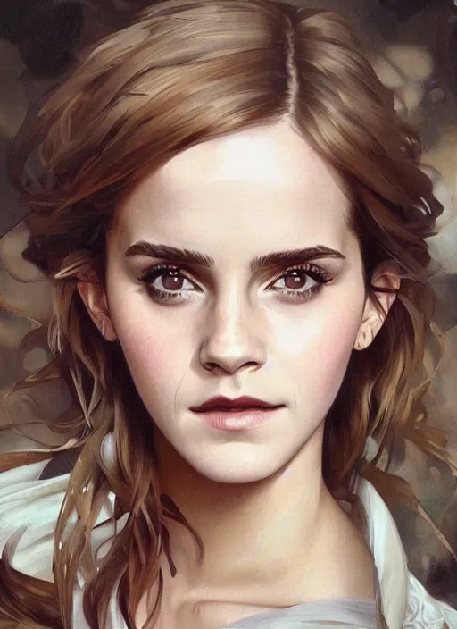 Image similar to oil painting of emma watson giving seductive look. beautiful detailed face. by artgerm and greg rutkowski and alphonse mucha