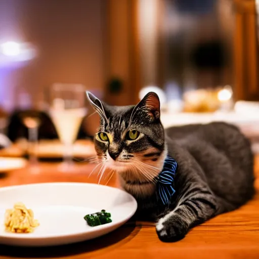 Image similar to A photo of a cat wearing a bowtie sitting in a fancy and expensive gourmet restaurant and eating a plate of cat food. f/2.8, dim lighting, award winning photo