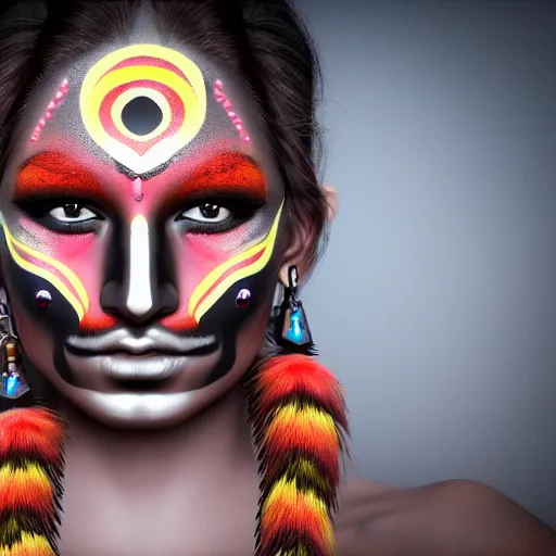 Prompt: a beautiful female indigenous warrior with futuristic face paint, ornamental markings, photorealistic, cinematic lighting, high resolution 4 k