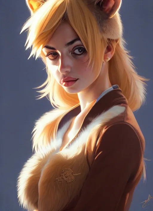 Image similar to ultradetailed beautiful panting of a stylish young lady ( ( ana de armas ) ) wearing a brown foxgirl suit with cat ears, dramatic, furry, she has blond hair, distressed, volumetric light, by greg rutkowski, ilya kuvshinov, james jean, makoto shinkai, on artstation