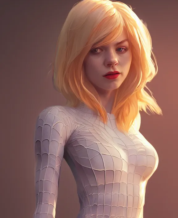 Image similar to gwen stacy female spiderman, pure white, au naturel, hyper detailed, digital art, radiant highlight, trending in artstation, cinematic lighting, studio quality, smooth render, unreal engine 5 rendered, octane rendered, art style by klimt and nixeu and ian sprigger and wlop and krenz cushart.