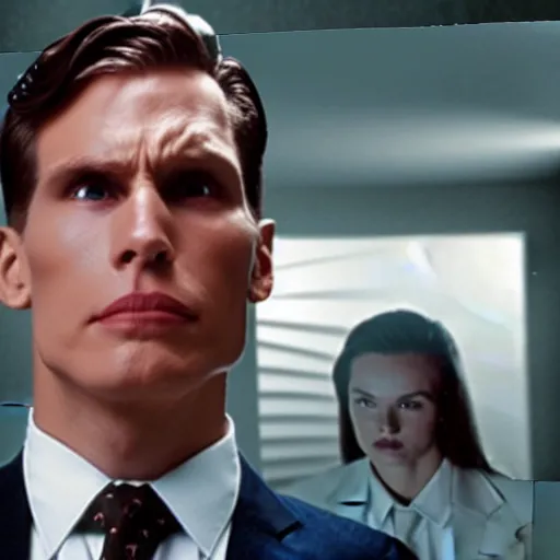 Image similar to Live Action Still of Jerma in American Psycho, real life, hyperrealistic, ultra realistic, realistic, highly detailed, epic, HD quality, 8k resolution, body and headshot, film still