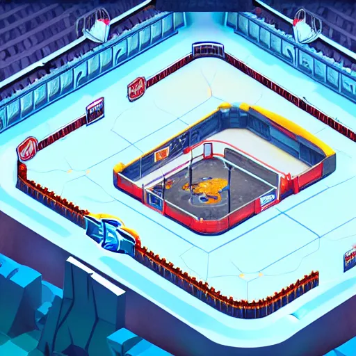 Prompt: hockey arena location. game illustration, gamedev, game, design, mobile game, aerial view, isometric voxel, blizzard, easports, playrix, nexters, intricate, elegant, sport game, highly detailed, digital painting, trending on artstation, smooth, sharp focus, art by roman klco, 4 k