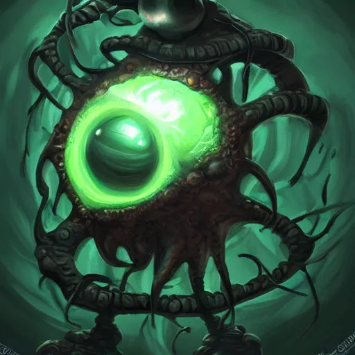 Image similar to a giant one - eyed bumpy wrinkly ball sphere green pea, with boney arms and a single sauron eye, lovecraft, trending on artstation, 4 k, video game art, oil painting