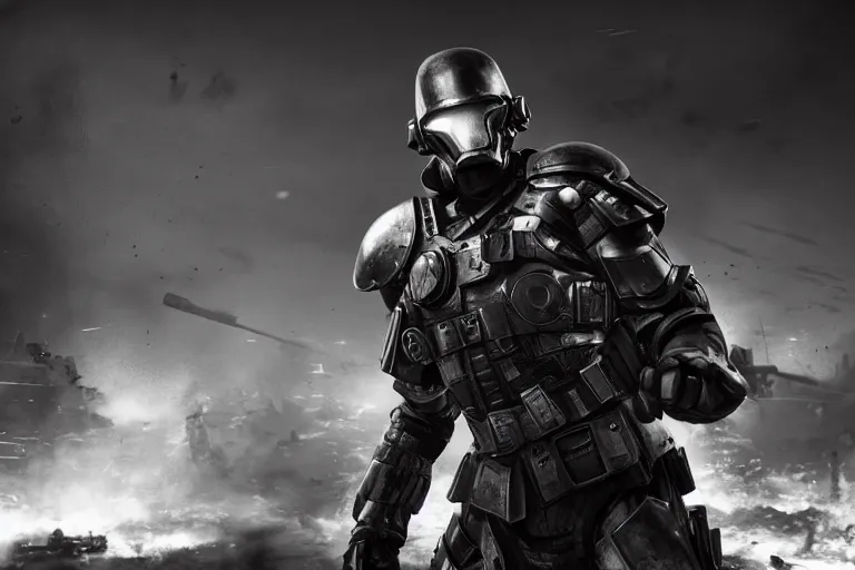 Prompt: still photo of a iron tech age war man looking at the camera in a battlefield, black and white color aesthetic, highly detailed, photorealistic portrait, bright studio setting, studio lighting, crisp quality and light reflections, unreal engine 5 quality render