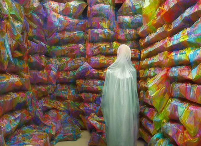 Image similar to woman in a translucent clothing made from colorful rainbow plastic bag with paper bags for clothes standing inside paper bags with paper bag over the head at colorful rainbow store display, highly detailed, artstation, art by , edward hopper, zdislav beksinski, wayne barlowe