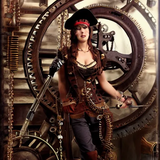 Image similar to a steampunk pirate on his ship with her mechanical crew