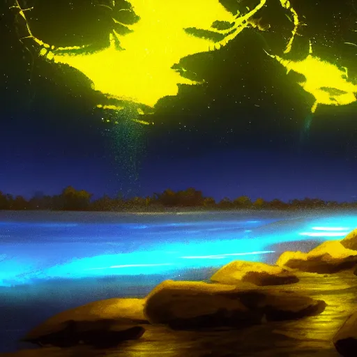 Prompt: A bioluminescent river at night, Makoto Shinkai style