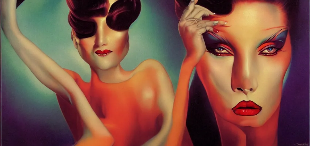 Image similar to an 8 0 s portrait of a woman with dark eye - shadow and red lips with dark slicked back hair dreaming acid - fueled hallucinations by serge lutens, rolf armstrong, delphin enjolras, peter elson, flat surreal psychedelic colors