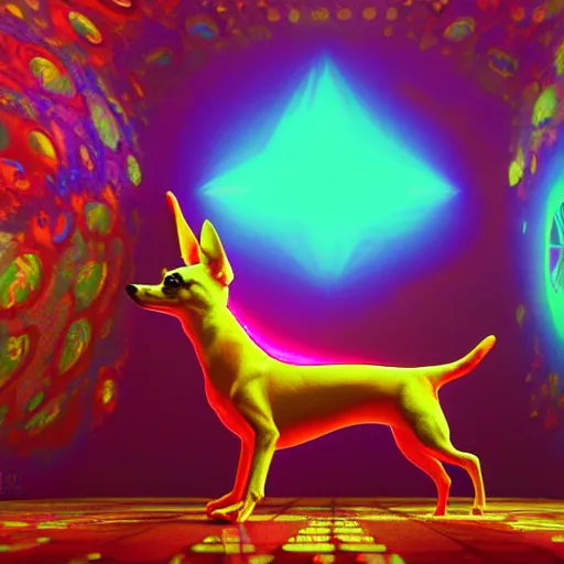 Image similar to a psychedelic chihuahua living in an extradimensional reality, in the style of wlop, illustration, epic, fantasy, hyper detailed, smooth, unreal engine, sharp focus, ray tracing, physically based rendering, renderman, beautiful