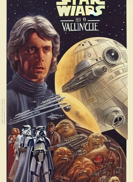 Prompt: poster for star wars ( 1 9 7 7 ), by magali villeneuve, francois schuiten and ralph macquarrie, muted colors