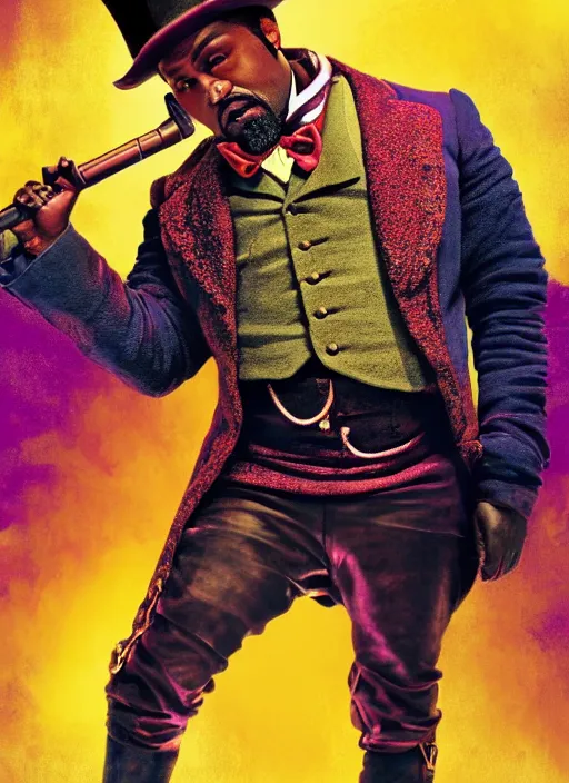 Image similar to portrait kanye west as willy wonka in django unchained, splash art, movie still, cinematic lighting, long lens, shallow depth of field, bokeh, anamorphic lens flare, 8 k, hyper detailed, 3 5 mm film grain