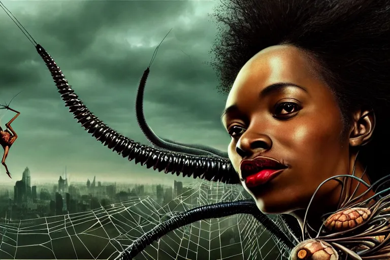 Image similar to realistic detailed closeup portrait movie shot of a beautiful black woman riding a giant spider, dystopian city landscape background by denis villeneuve, amano, yves tanguy, alphonse mucha, max ernst, ernst haeckel, kehinde wiley, caravaggio, roger dean, cyber necklace, rich moody colours, sci fi patterns, wide angle