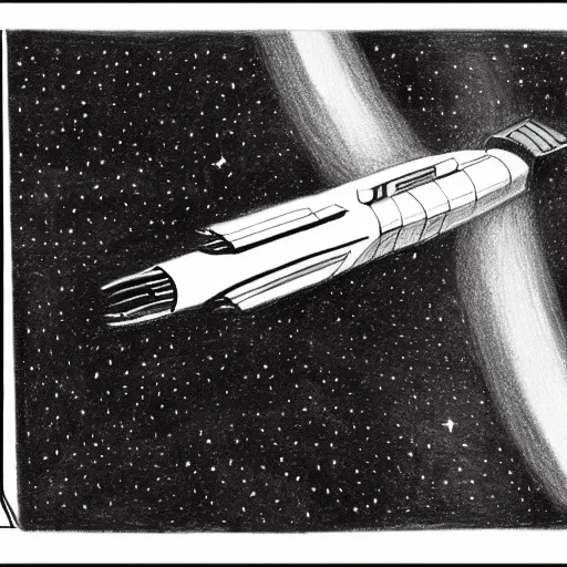 Image similar to black - and - white pencil drawing of a spaceship