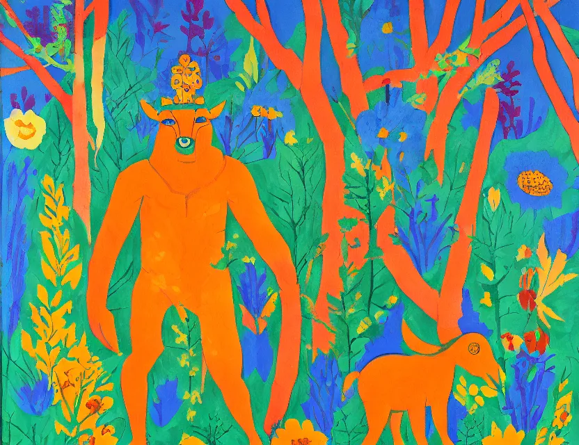 Prompt: animal god of ( ( flowers ) ) in the winter woods. gouache, limited palette with complementary colors, children's cartoon, backlighting, bold composition, depth of field.