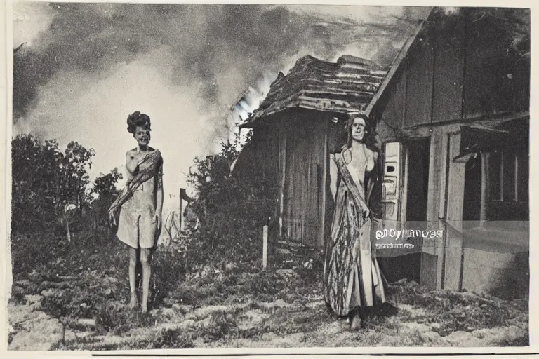 Prompt: photo of disaster girl the great serpent lady standing in front of burning house looking at camera by croxot