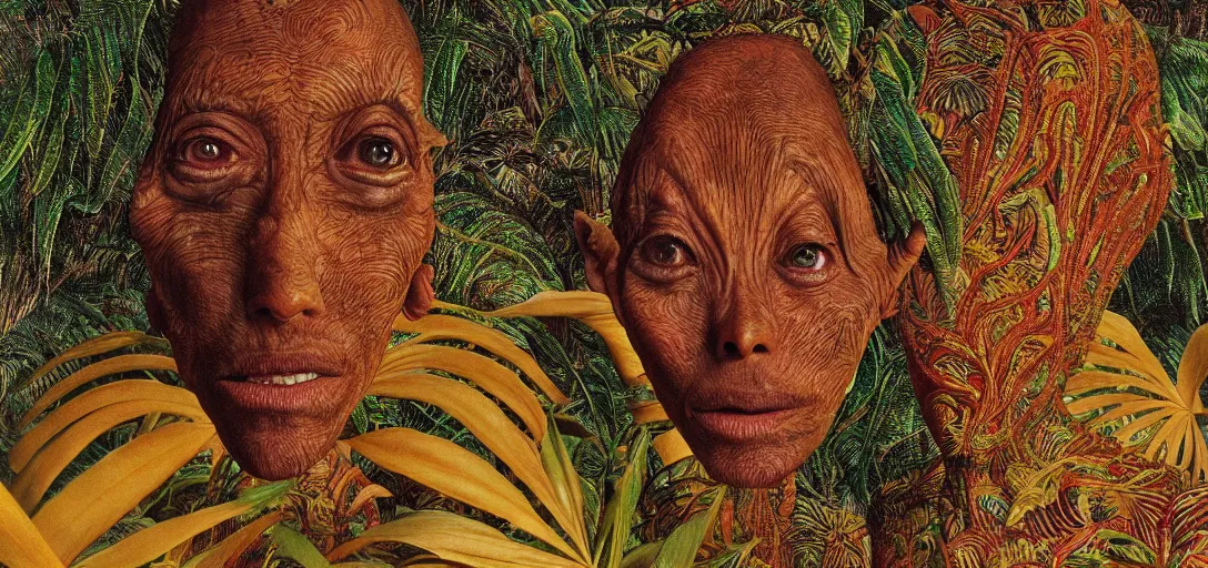 Image similar to very high resolution image from a new movie. a beautiful tropical landscape, portrait of an alien. 2 4 mm, photorealistic, photography, directed by mati klarwein