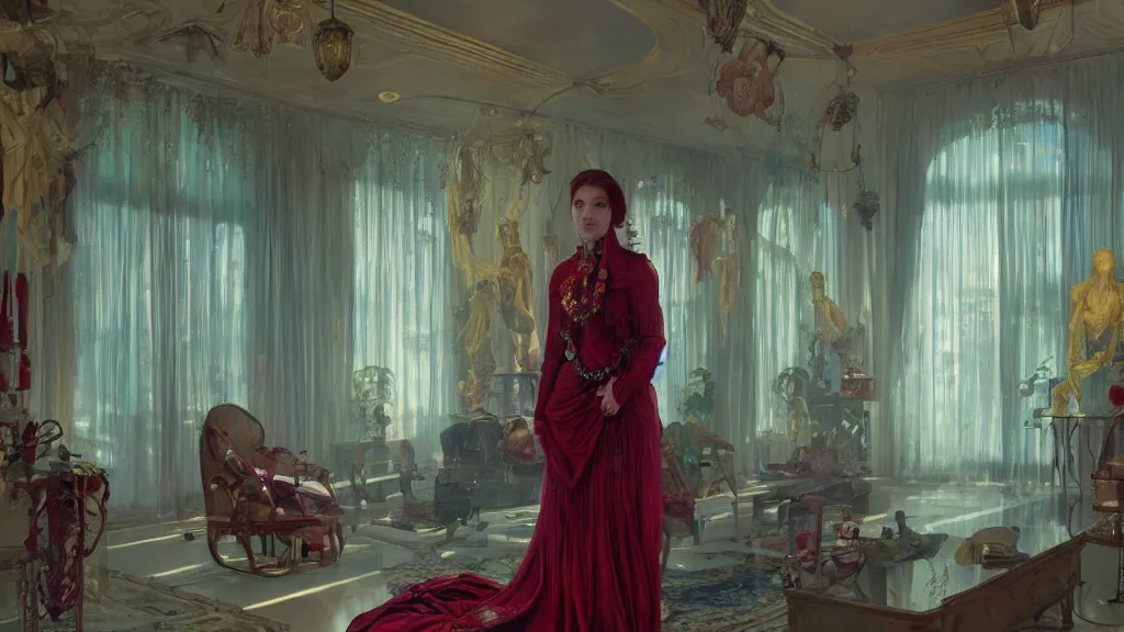 Prompt: a woman made of rubies stands in the living room, film still from the movie directed by Denis Villeneuve with art direction by android jones and donato giancola and alphonse mucha, wide lens, 4K, realistic