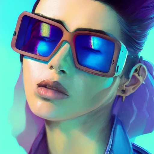 Prompt: very detailed masterpiece closeup painting of a very beautiful young mexican cyberpunk woman with light blue shutter shades, one side haircut, brown hair with light blue ends, purple leather jacket, beauty mark on cheek, portrait, synthwave background, artstation, concept art by greg rutkowski