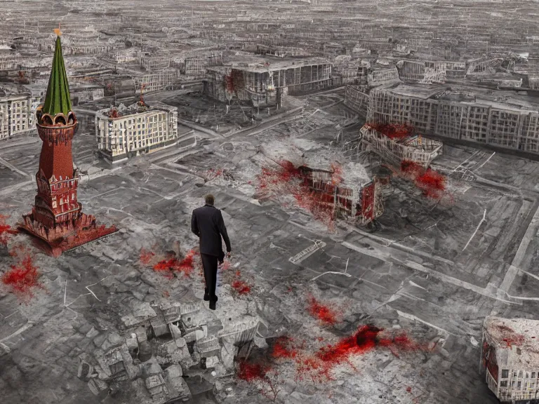 Prompt: postapocalyptic picture of a crucified man in moscow, red square, destroyed kremlin, ruins around, nuclear explosion, erik johansson style, conceptual art, the last day on the earth, insane detail hyper realistic 8 k textured