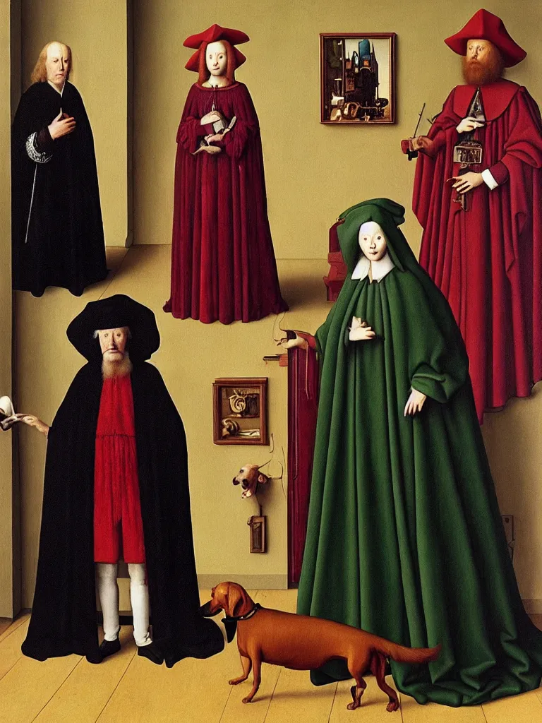 Prompt: the arnolfini portrait from jan van eyck, with mulder and scully from x - ´ files with a dachshund the scene