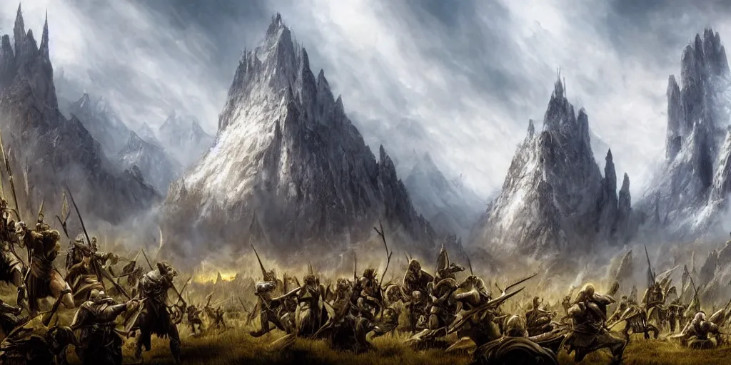 Prompt: epic middle earth battlefield painting, matte painting, painted by your mom