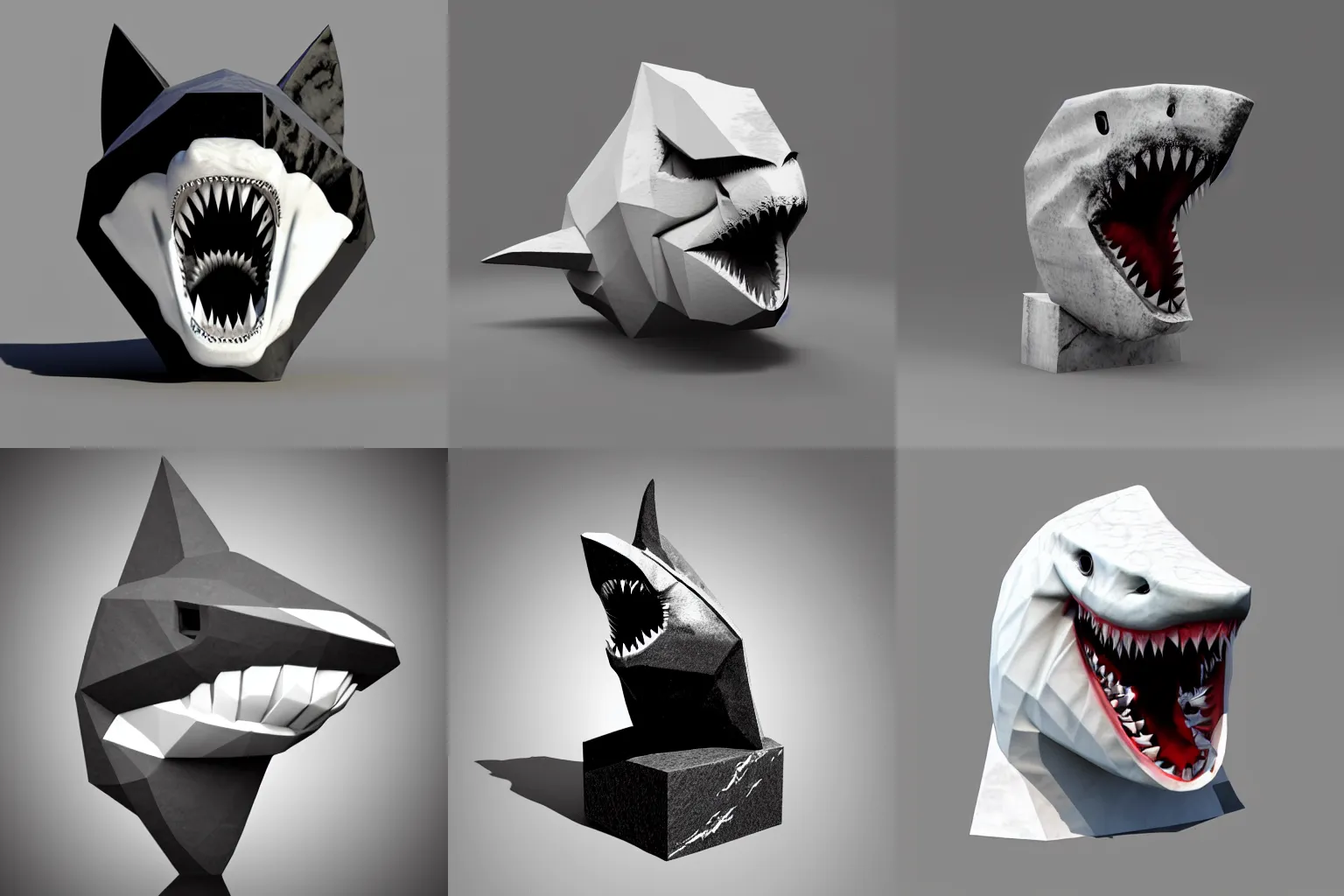 Prompt: angry shark head low poly marble statue black and white