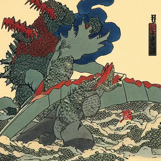 Image similar to godzilla fighting a gundam in kyoto in the style of hokusai