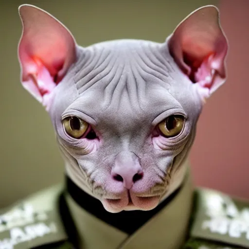 Prompt: a hairless sphynx cat the in uniform of a jgsdf japan ground self - defense force