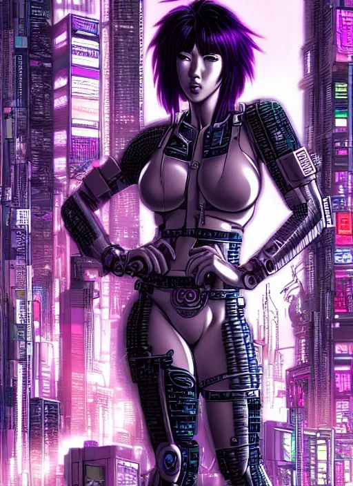 Image similar to motoko kusanagi in grungy cyberpunk megacity, intricate and finely detailed, cyberpunk vaporwave, portrait by j scott campbell