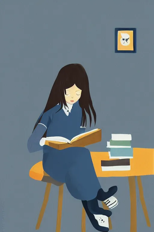 Image similar to a digital painting of a girl reading a book with a cat in A comfortable study room at night,blue and grey theme,JK uniform ,Hairdryer,blue theme,S line, by anmi and reoenl