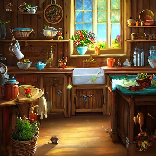 Prompt: a cute country fairy's cottagecore style kitchen, fantasy illustration, detailed painting, and deep color, professional matte painting