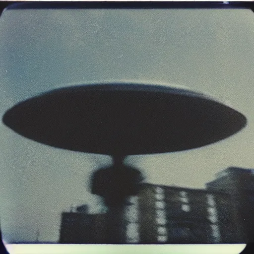 Image similar to a ufo flying over a city, distant!, blurry photo, old polaroid, expired film, historical photo,