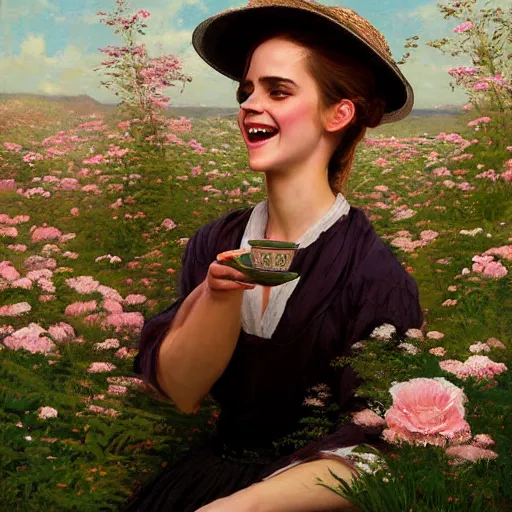 Image similar to laughing mouth open very thick paint brush strokes paint texture full body fashion model emma watson by Jeremy Lipking by Hasui Kawase by Richard Schmid (((smokey eyes makeup eye shadow fantasy, glow, shimmer as victorian woman in a long white frilly lace dress and a large white hat having tea in a sunroom filled with flowers, roses and lush fern flowers ,intricate, night, highly detailed, dramatic lighting))) , high quality