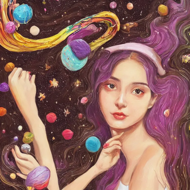 Prompt: a beautiful portrait of a girl on whose head a space and cosmic places like ganache, planets like a whipped frosting or filling made with semisweet chocolate and cream, used for cakes, pastries, and candies, highly detailed, fantasy art, colorful