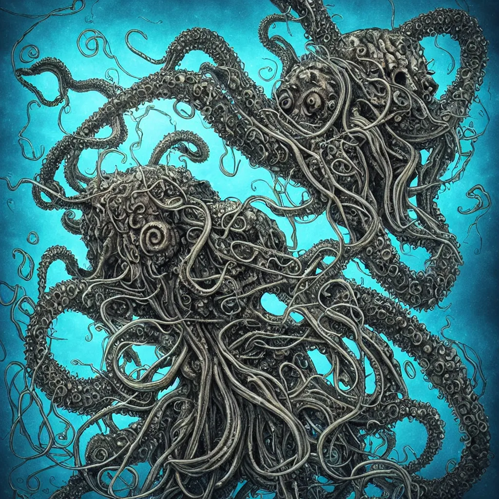 Image similar to close-up macro portrait of a Cthulhu versus the kraken and other fantastical sea creatures, epic angle and pose, ribcage bones, tenticles, symmetrical artwork, lots of eyes 3d with depth of field, blurred background, cybernetic jellyfish female face skull phoenix bird, translucent, nautilus, energy flows of water, bubbles, a highly detailed epic cinematic battle concept art CG render. made in Maya, Blender and Photoshop, octane render, excellent composition, beautiful colour, high contrast, vignette cinematic dystopian brutalist atmosphere, dynamic dramatic cinematic lighting, aesthetic, very inspirational, arthouse. Greg Rutkowski, Ilya Kuvshinov, WLOP, Stanley Artgerm Lau, Ruan Jia and Fenghua Zhong