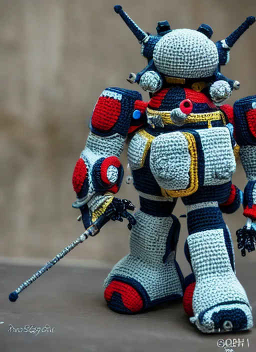 Image similar to a crochet mecha, realistic, no cropping, full body, Sigma 50 mm f/1.4