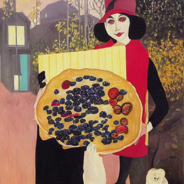 Image similar to tall emo female artist holding an artist's palette, pancakes, in chippendale sydney, gold bars, maple syrup, snails, berries, pigs, octopus, broomstick, acrylic on canvas, surrealist, by magritte and monet