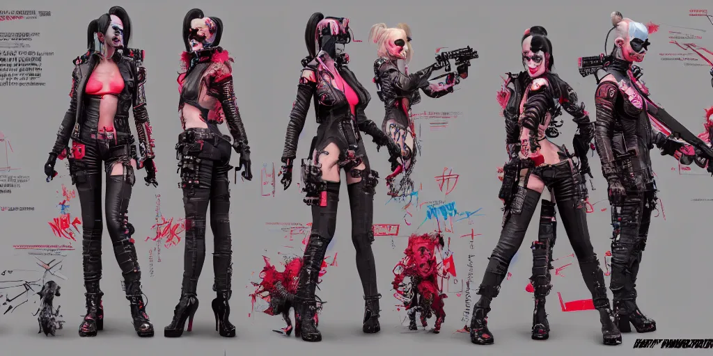 Image similar to cyberpunk harley quinn, character sheet, concept design, contrast, hot toys, kim jung gi, greg rutkowski, zabrocki, karlkka, jayison devadas, trending on artstation, 8 k, ultra wide angle, pincushion lens effect