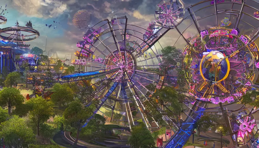 Prompt: Concept art of a magnificent futuristic amusement park with a Ferris wheel in the center of the park and roller coasters in the surroundings, hyperdetailed, artstation, cgsociety, 8k