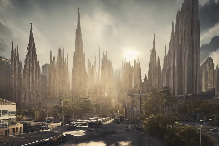 Image similar to streetscape, a towering cathedral of brutalist architecture, buildings covered with greebles, stunning volumetric light, sunset, metal, concrete and translucent material, stunning skies, majestic landscape, trending on Artstation, 8k, photorealistic, hyper detailed, unreal engine 5, IMAX quality, cinematic, epic lighting, in the style of Greg Rutkowski