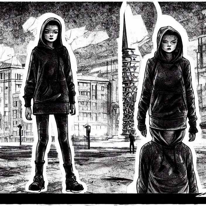 Image similar to storyboard : sadie sink in hoodie sits on bench in ruined square, pedestrians walk by, soviet monument and propaganda posters. scifi cyberpunk. by gabriel hardman. cinematic atmosphere, detailed and intricate, perfect anatomy