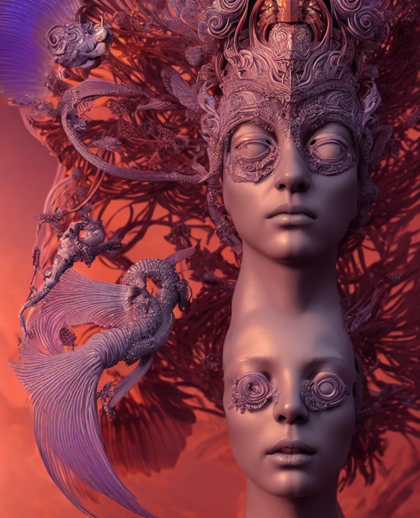 Image similar to goddess sculpture close-up portrait. orchid bird phoenix head, nautilus, skull, betta fish, bioluminiscent creatures, intricate artwork by Tooth Wu and wlop and beeple. octane render, trending on artstation, greg rutkowski very coherent symmetrical artwork. cinematic, hyper realism, high detail, octane render, 8k